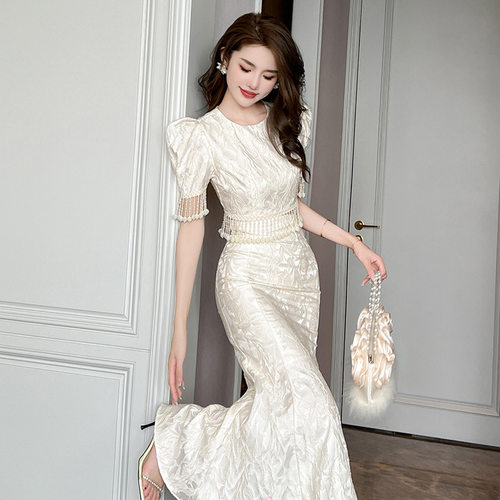 2025夏季新款名媛气质圆领短款流苏上衣腰修身鱼尾裙套装10521