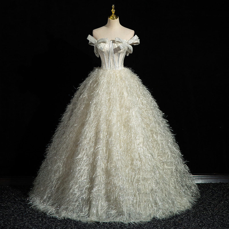 2026新款一字肩学生声乐艺考独唱演出蓬蓬裙年会主持晚礼服成人礼