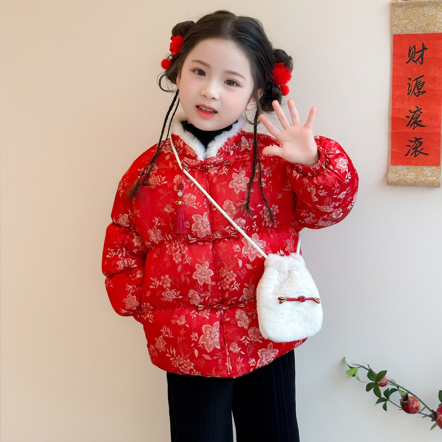 女小童风棉衣冬季加绒加厚拜年服冬装儿童新中式盘扣棉服P112，童装棉衣，祺妙童装