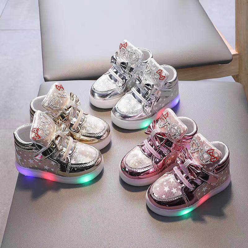 Girls' LED Light-Up Bow Sneakers,Sparkling Bow Shoes for Kid