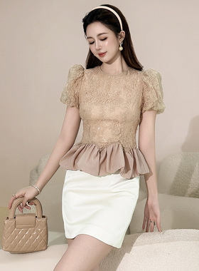 2025夏季新款女装法式千金风园林泡泡袖收腰荷叶边蕾丝上衣35181