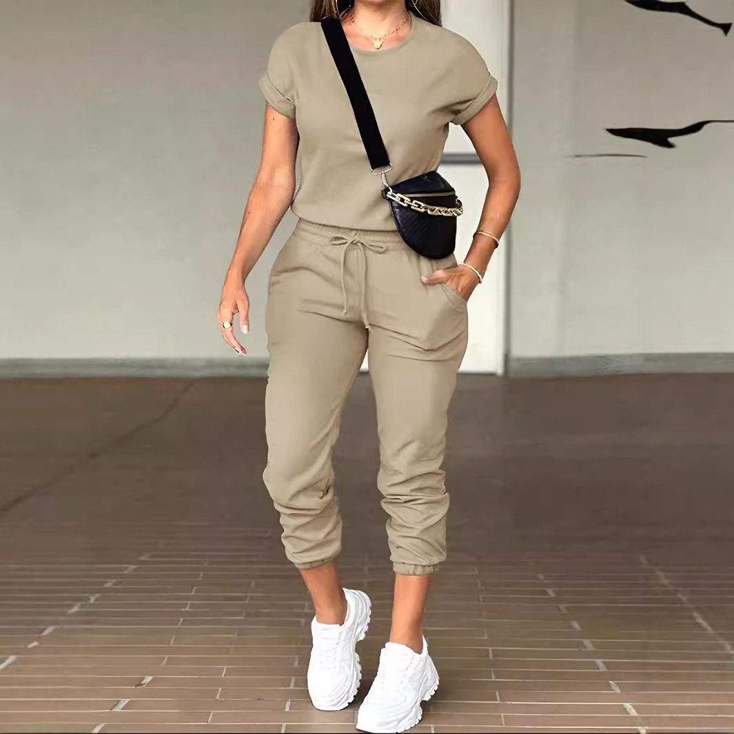 Short sleeved suits women's jumpsuit新款短袖收腰连体裤套装