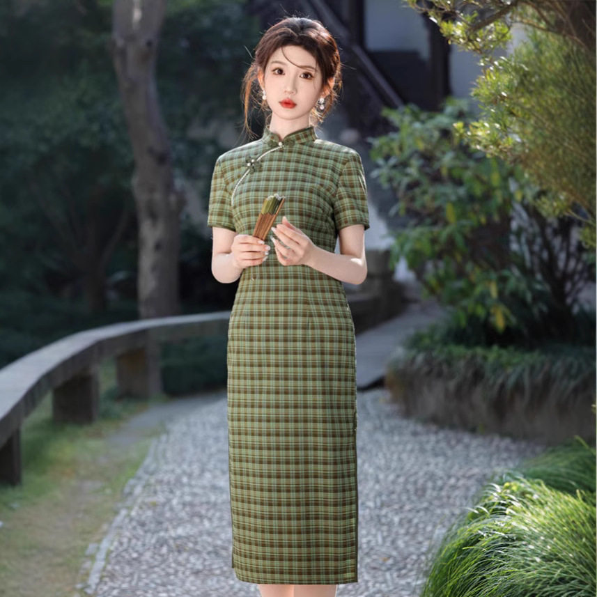 文艺小清新格子旗袍中长款气质国风小个子日常修身连衣裙2025夏季