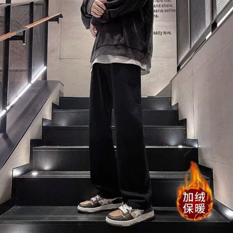 美式街秋冬加绒黑色弯刀牛仔裤女国潮情侣微喇显瘦休闲长裤子
