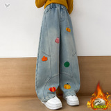 女童刺绣牛仔裤秋冬加绒2025年新款中大童拼接弯刀裤休闲阔腿长裤，童装裤子，祺儿童装