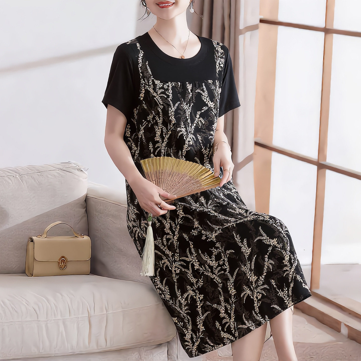 时尚碎花连衣裙女2026夏季新款宽松遮肉显瘦假两件中长款雪纺裙子