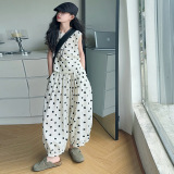 女童夏季2025新款韩版宽松时尚休闲洋气波点无袖上衣阔腿裤套装潮，童装休闲套装，祺妙童装