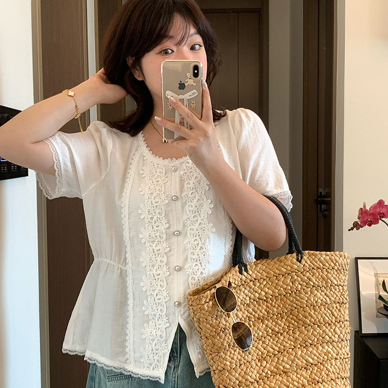 2026夏季新款大码女装上衣胖妹妹韩版气质时尚蕾丝花边短袖衬衫潮