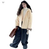 女童2025年冬季新款奶黄色龙须绒加绒大衣女大童户外连帽保暖毛呢，童装外套，祺儿童装