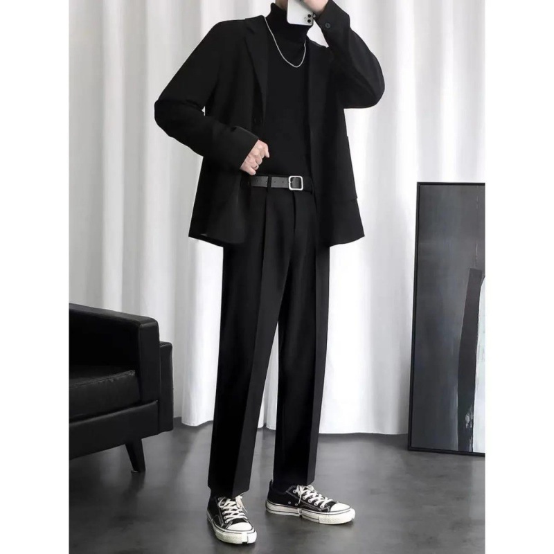 .西装套装男秋冬加厚款休闲西服高领毛衣加绒裤子潮流宽松西服套