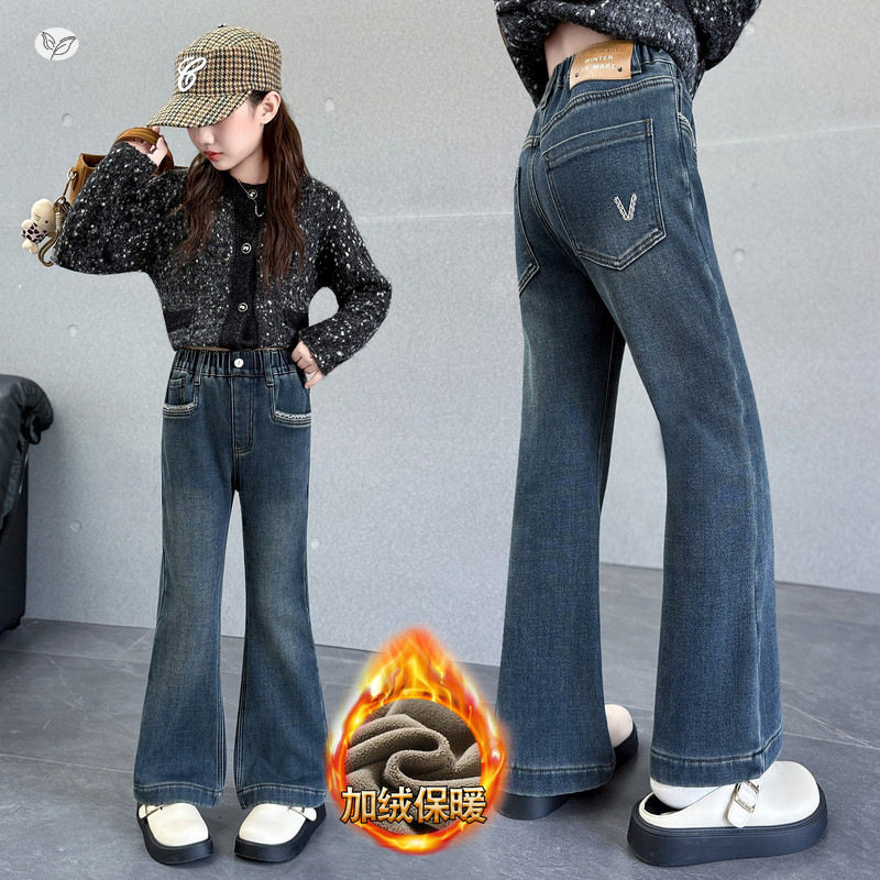 女童加绒喇叭裤2025年秋冬新款中大童后袋刺绣阔腿裤皮标微喇长裤，童装裤子，祺儿童装