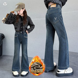 女童加绒喇叭裤2025年秋冬新款中大童后袋刺绣阔腿裤皮标微喇长裤，童装裤子，祺儿童装