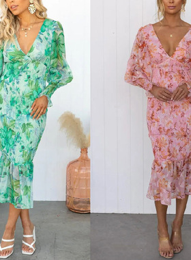 Women's long sleeved V-neck printed ruffle skirt dress 长裙