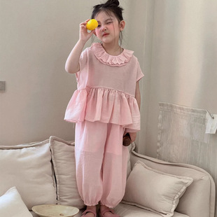 2026夏季新款童装韩版女童粉色花边领娃娃衫套装儿童防蚊裤套装韩