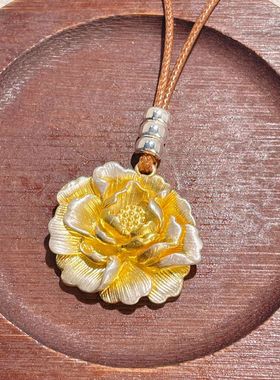 s990足银纯银首饰新款描金牡丹花吊坠女国潮新中式女生项链毛衣链