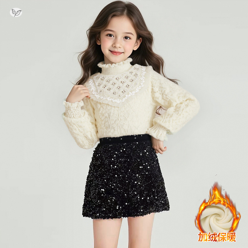 女童加绒打底衫2025年秋冬新款中大童蕾丝花边雪花领内搭上衣洋气，童装外套，祺儿童装