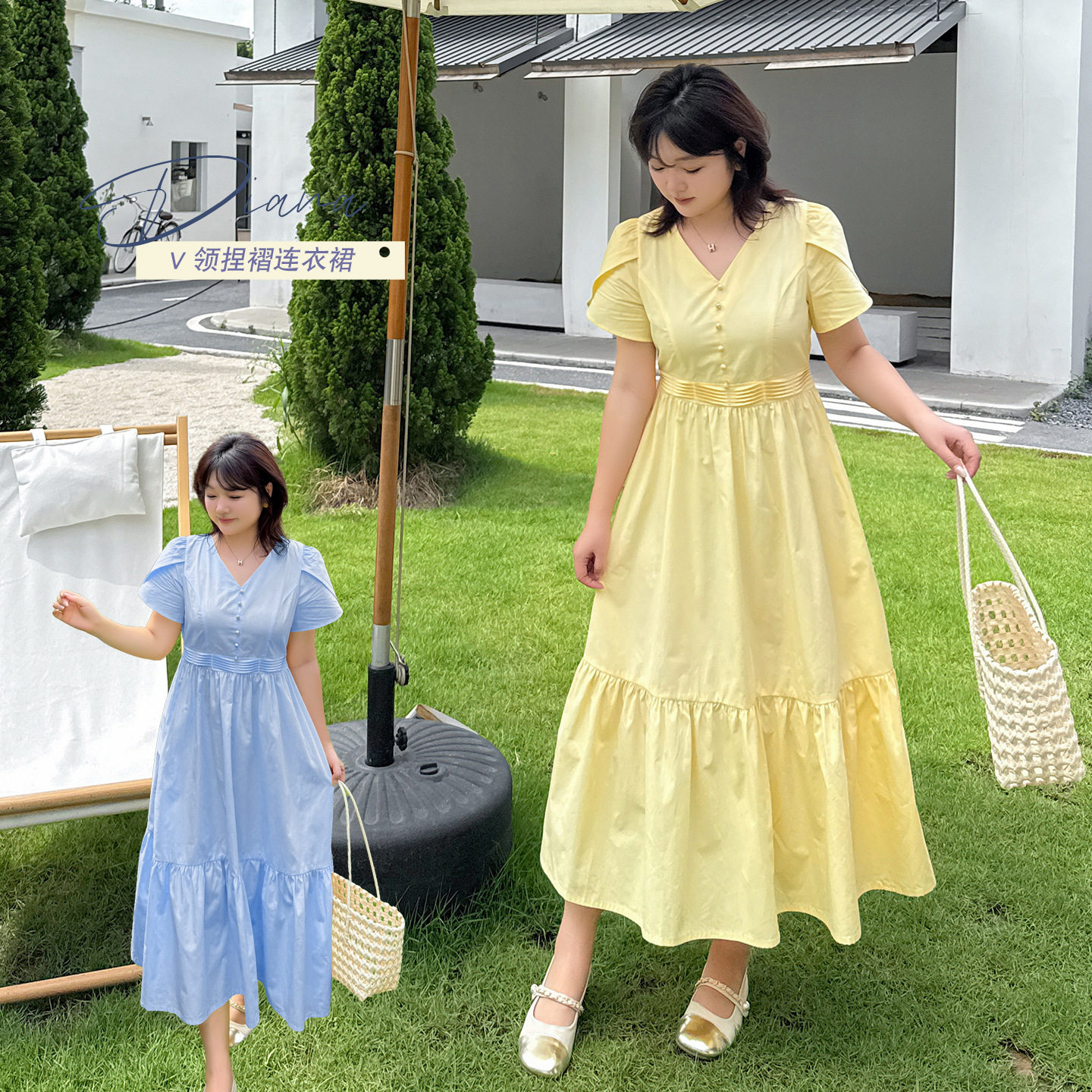 法式V领简约甜美夏款短袖连衣裙