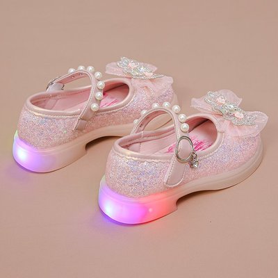 公主鞋女童发光蝴蝶结水晶软底夏