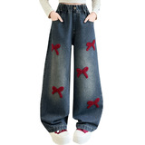 女童春款牛仔裤2025新款韩版中大童时髦毛巾绣阔腿裤拖地裤长裤潮，童装裤子，祺儿童装