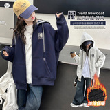 女童卫衣外套秋冬加绒2025新款格子拼接连帽衫中大童刺绣外出上衣，童装外套，祺儿童装