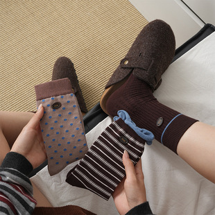 egg咖蓝撞色个性 纽扣复古袜子女棉中筒袜女潮学院风百搭堆堆长袜