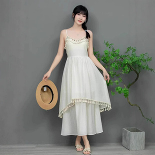 夏季女白色高级感长裙垂感腰法式初恋裙吊带连衣裙流苏边连衣裙