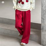 女童2025年冬季新款加绒运动裤女大童垂感新年红修身阔腿糯米裤子，童装裤子，祺儿童装