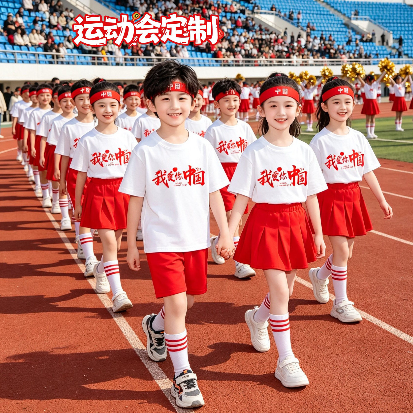 国庆演出服儿童我爱中国小学生活动班服运动会啦啦队红色百褶裙T