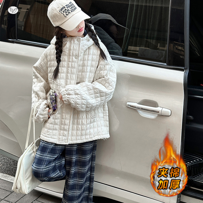 女童2025年秋冬新款韩版连帽夹棉外套女大童冬季户外保暖休闲棉服，童装外套，祺儿童装