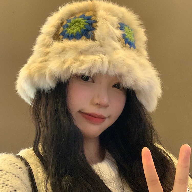 兔毛醒狮帽子女秋冬可爱保暖毛绒渔夫帽百搭显脸小水桶毛茸茸盆帽