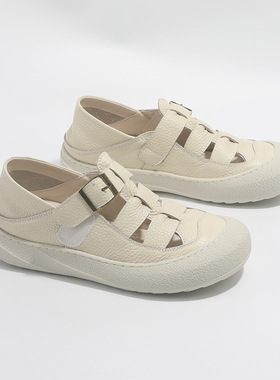 【跟高3cm丨乐福鞋】复古镂空女真皮平底包头罗马凉鞋女鞋669