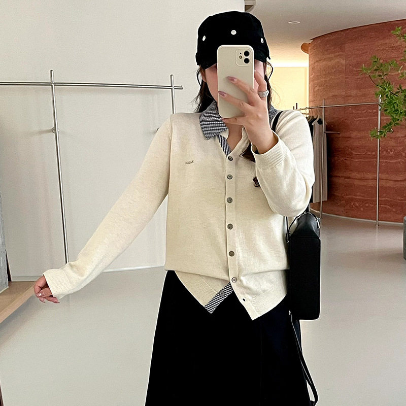乃粒25227大码学院风polo领假两件针织衫2026秋衬衫领减龄上衣女