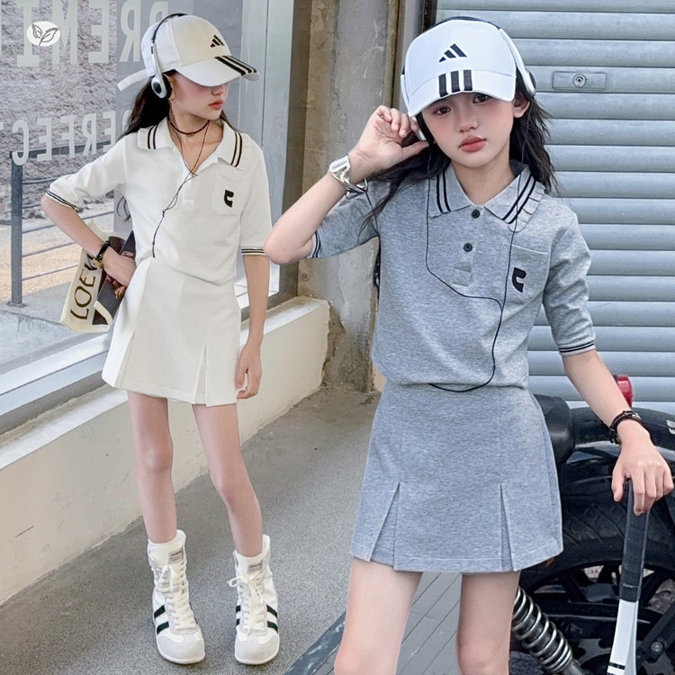 女童运动套装2025夏季新款木耳边POLO衫裙裤中大童洋气儿童两件套，童装休闲套装，祺儿童装