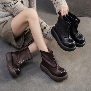 杰骤2025冬季新款前拉链设计两穿头层牛皮短靴复古风时尚百搭女鞋