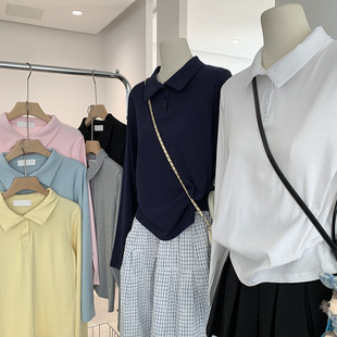 新品 欧玛莱 秋季 POLO领纯色直筒套头长袖 休闲T恤上衣女4000 打底衫