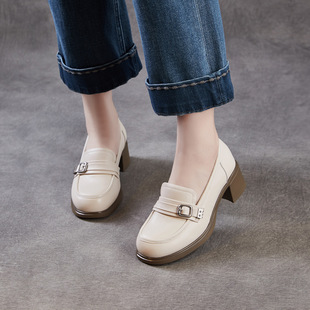 头层牛皮高跟鞋女2026春新款英伦风配裙子小皮鞋厚底粗跟乐福单鞋