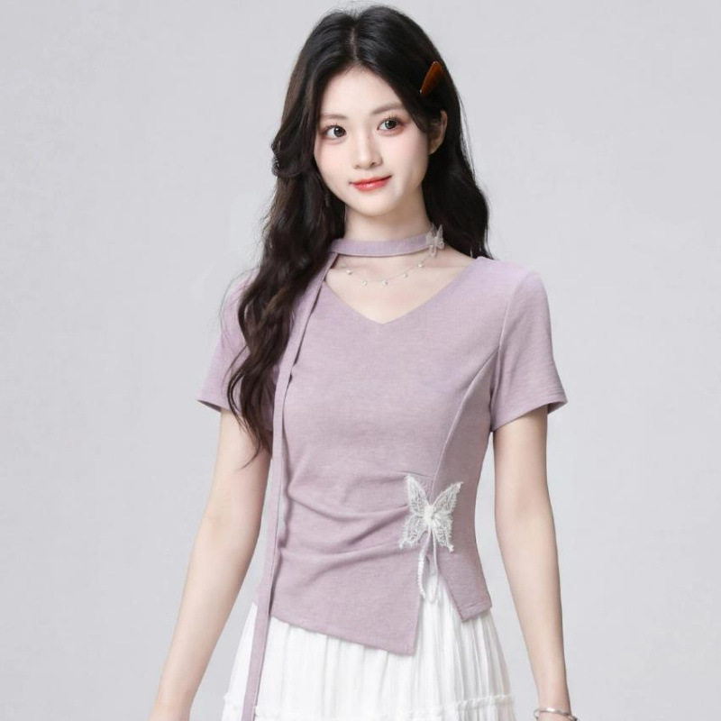 微胖大码女装胖mm紫色v领正肩短袖T恤女2026夏季显瘦设计感上衣