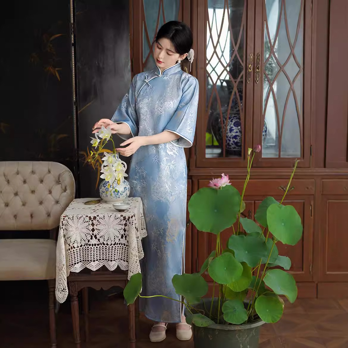 2025春秋季新款提花面料五分袖复古文艺宫廷风长旗袍老上海民国风