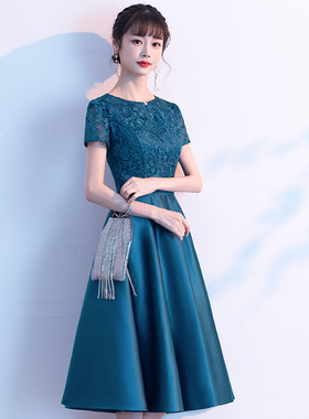 蓝色妈妈婚宴晚礼服女级感年轻喜婆婆婚礼敬酒服连衣裙平时可穿