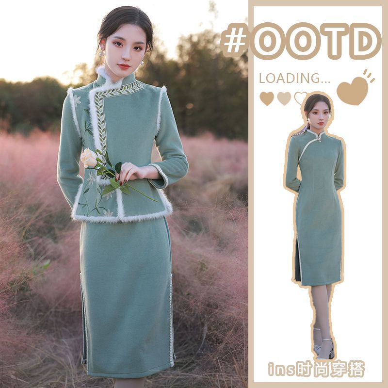 旗袍改良秋冬款加厚冬装2024年新款连衣裙长袖冬季套装绿色少女