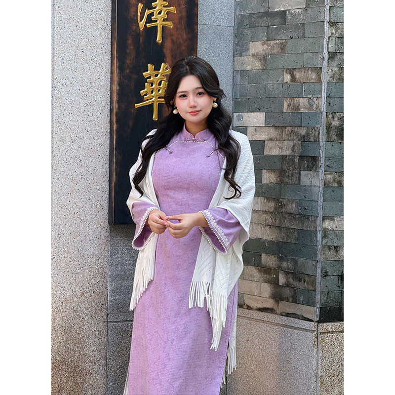 气质新中式国风大码旗袍2026春季新款紫色竹节麻印花日常连衣裙潮