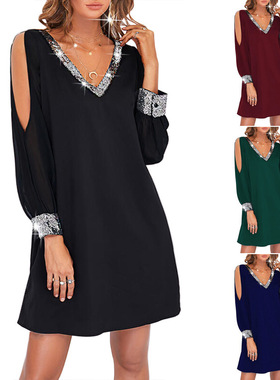 露肩V领亮片拼接连衣裙 Off Shoulder V Neck Sequin Panel Dress