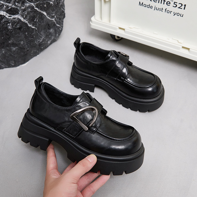 真皮松糕厚底乐福鞋女2025冬季新款英伦风百搭显脚小运动休闲鞋子