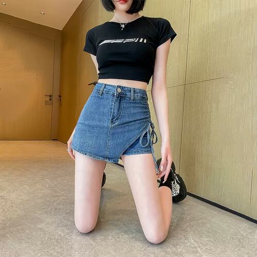 辣妹腰牛仔半身裙女装短裙夏季小个子水洗复古半裙绑带包臀裙子