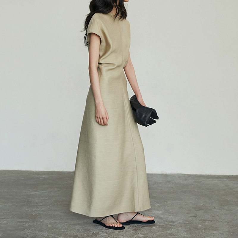 女款纯色连衣裙2026年春夏新款女装短袖女裙修身气质长裙ji感正品