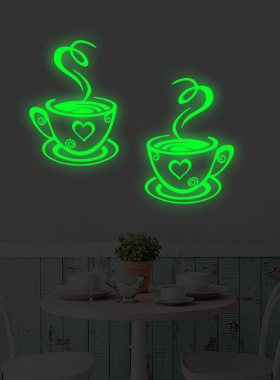 夜光一对咖啡杯子印刷墙贴画 创意厨房装饰背景2pcs咖啡杯墙贴画