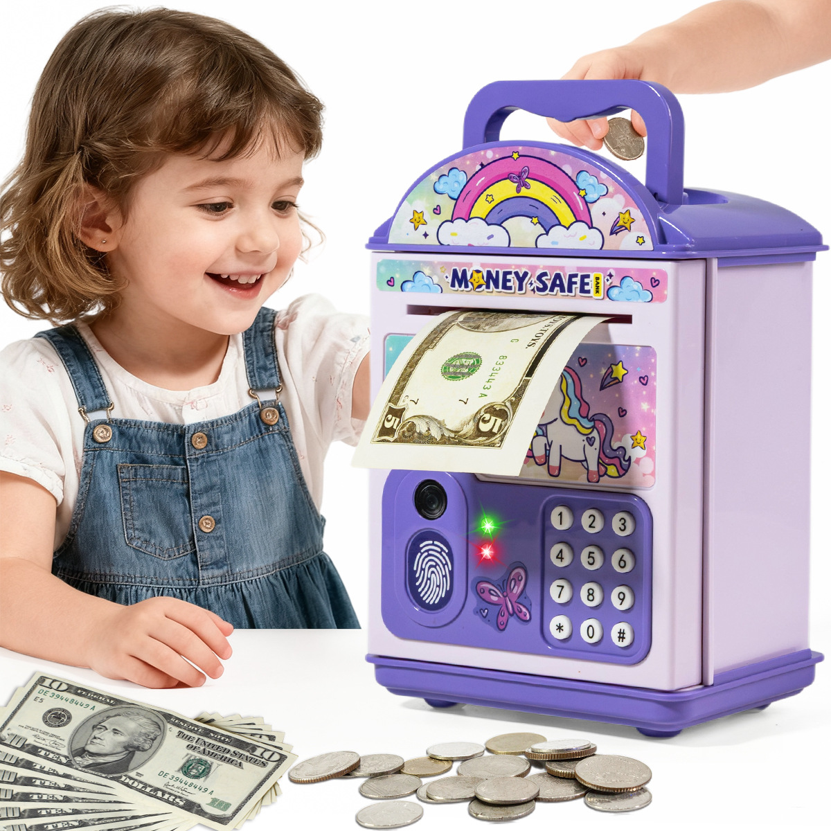 新款儿童存钱大容量密码指纹解锁ATM密码保险箱可进可出存钱箱