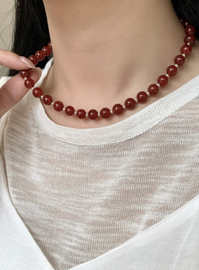 黑红玛瑙项链S925银锁骨链女