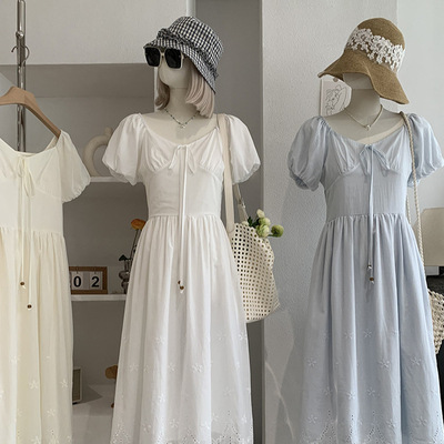 欧玛莱 V领蝴蝶结绑带泡泡短袖纯色后背打揽收腰长款连衣裙女7127