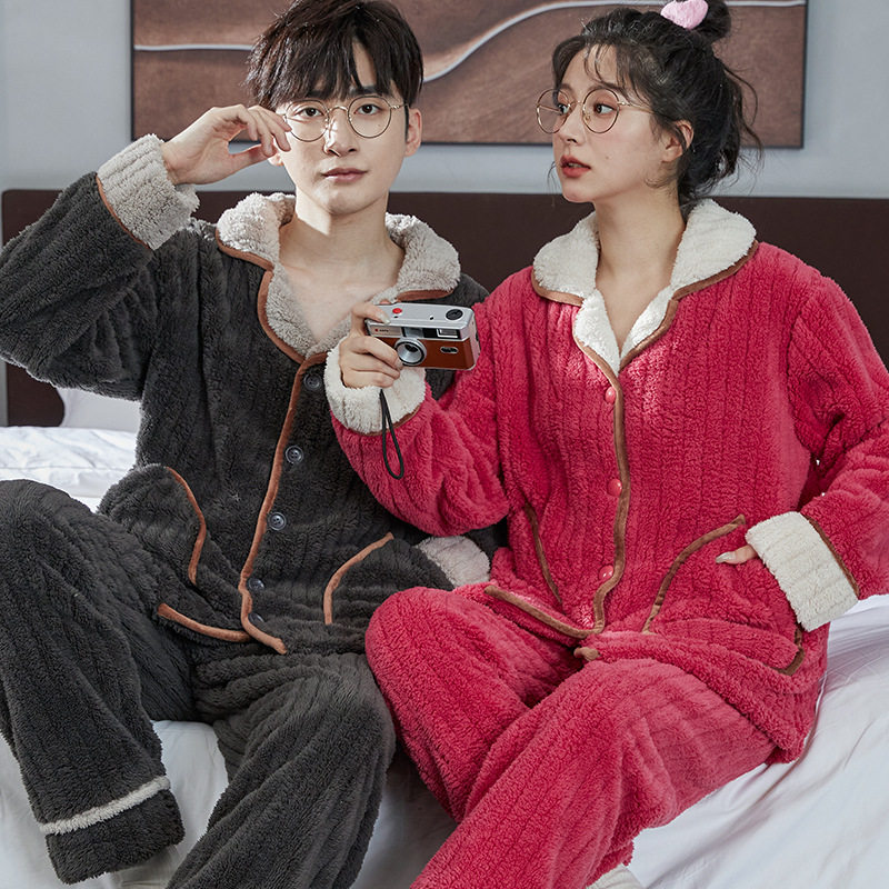 网红可外穿睡衣女秋冬季法兰绒加厚拼接撞色珊瑚绒情侣家居服套装